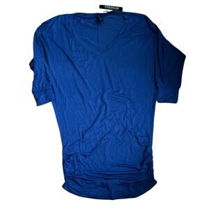 Made By Johnny Women's Casual Solid Short Sleeve V Neck Shirring Top Blue XS